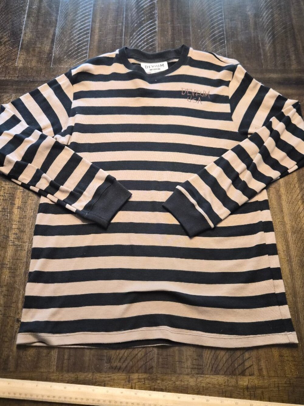 Devium Striped Long Sleeve Shirt Brown Black Size Medium Cotton Made in USA G851